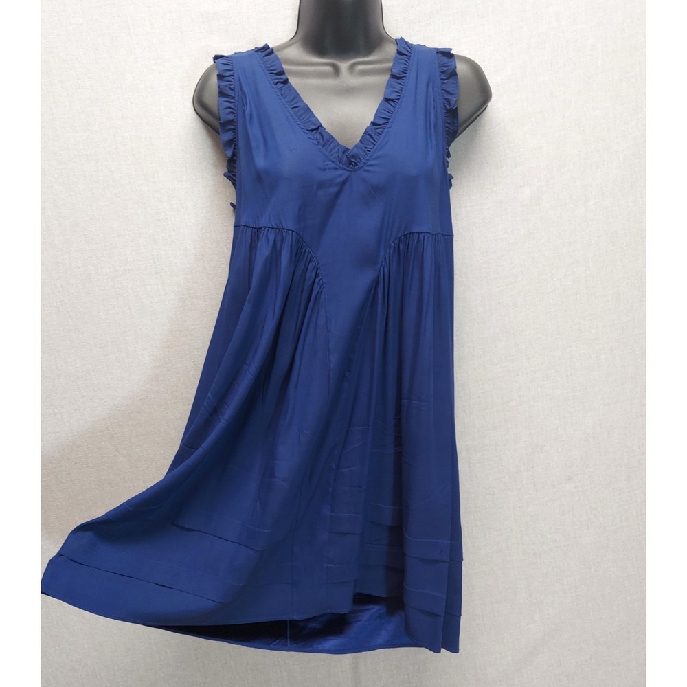 Anthropologie Common Thread Blue Silk Dress S Ruffle Trim Sleeveless Flowy Boho